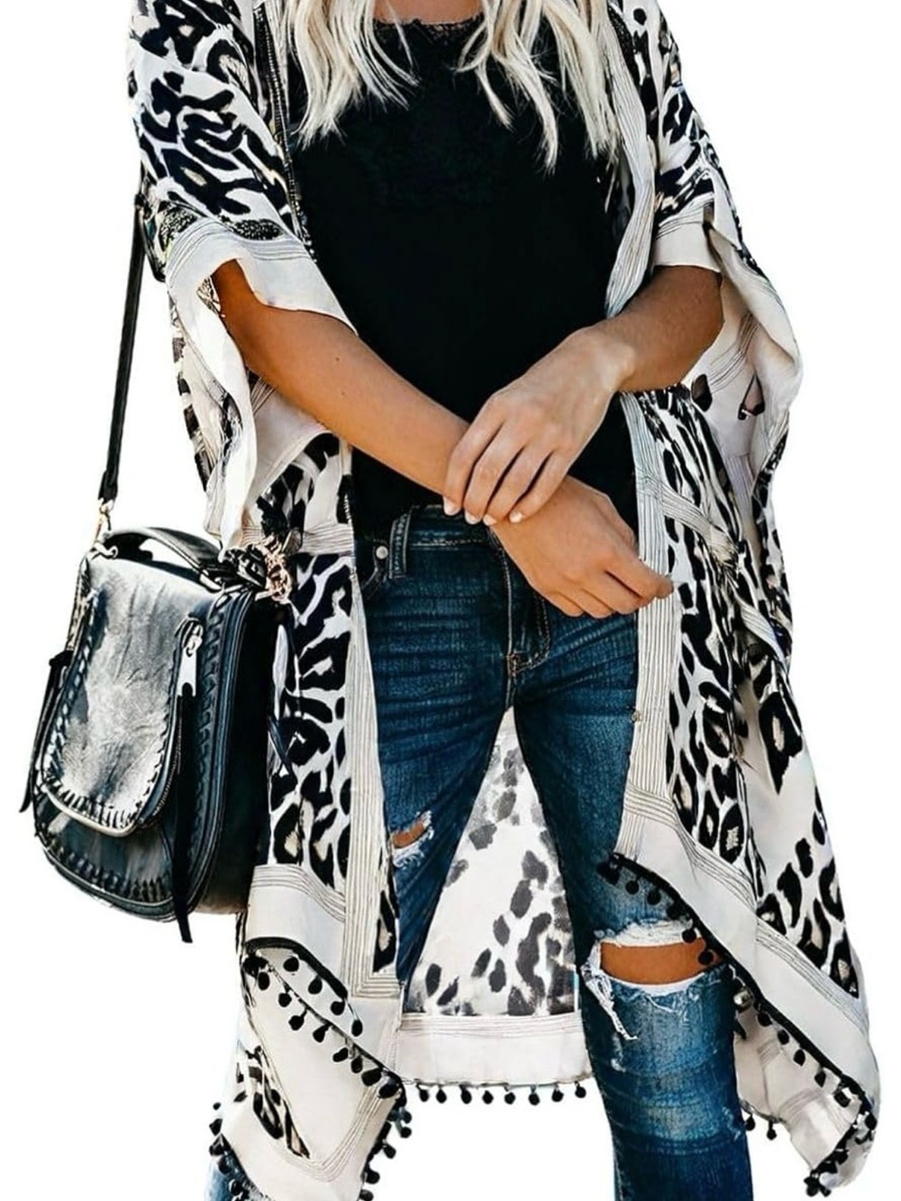 Black & White Leopard Print Open Front Kimono
